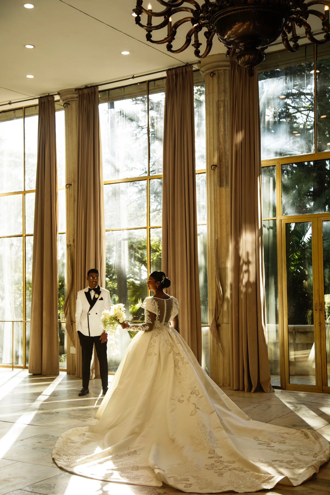 Bride with a cathedral train in golden light